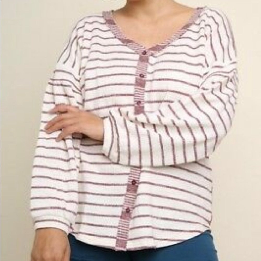 Umgee Long Sleeve Striped Cream Wine Knit Cardigan Coastal Boho Beachy